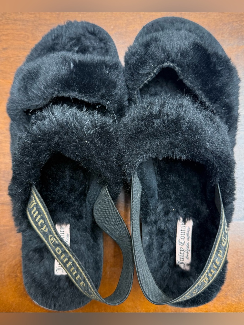 Juicy Couture Black Faux Fur Slingback Slippers Size 7🖤